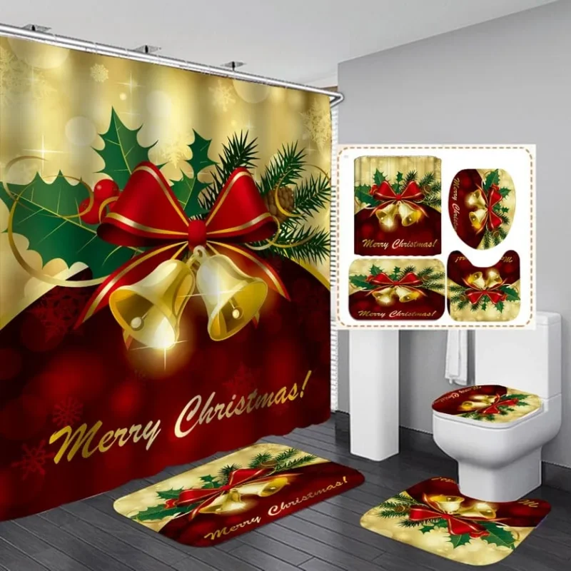 Set De Baño Navideño 4 Piezas (1 Cortina, 1 Funda Inodoro & 2 Tapetes)