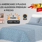 SABANA AMERICANO 3 PLAZAS 2500 HILOS ALGODON PREMIUM 4 PIEZAS